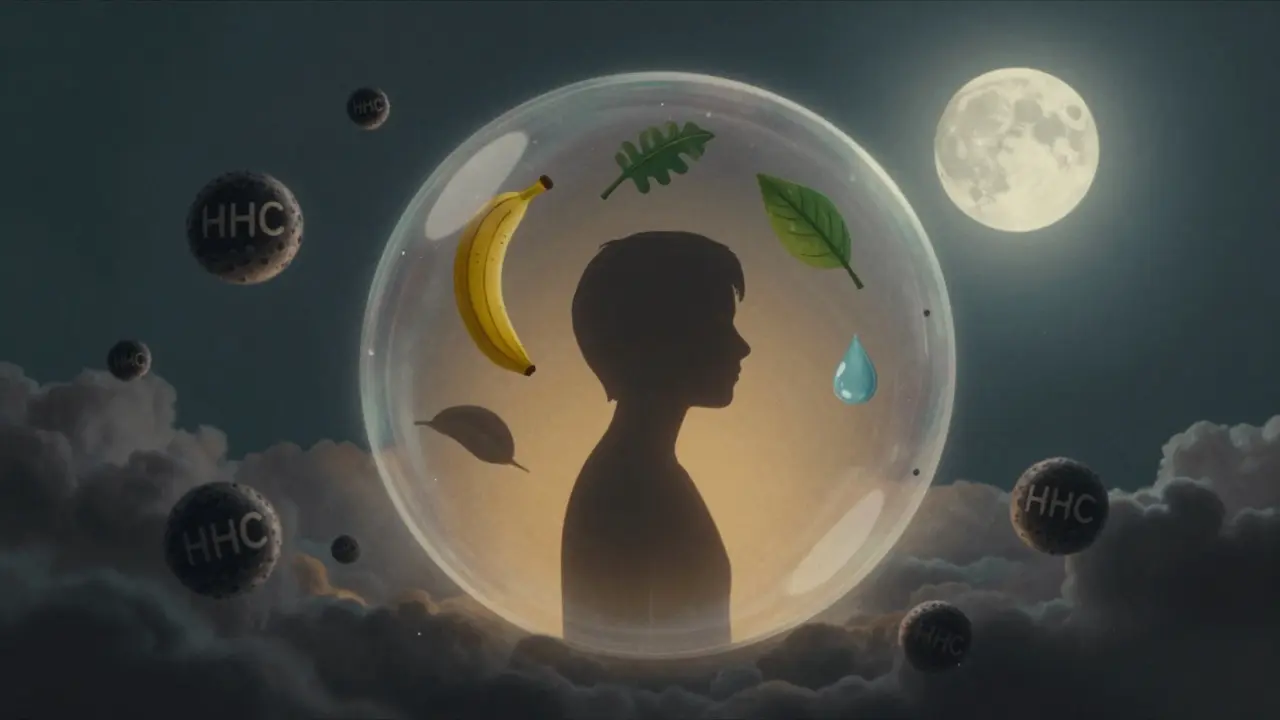 Silhouette in einer durchscheinenden Blase, HHC-Moleküle lösen sich auf, begleitet von natürlichen Symbolen.