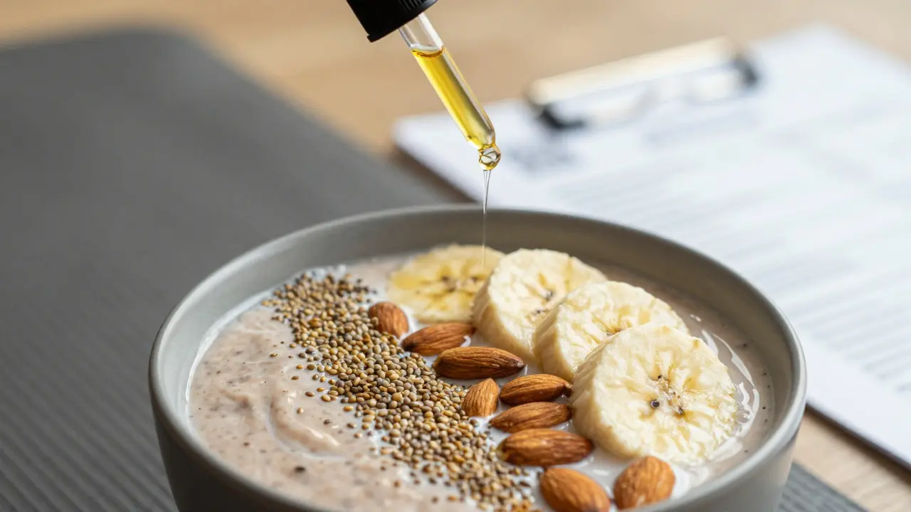 Smoothie-Schüssel mit Hanfsamen und CBD-Tropfen, die golden in die Masse fallen.