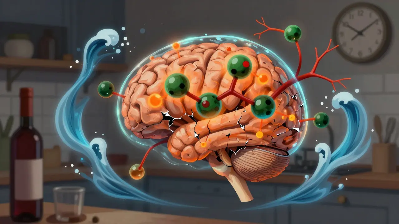 Surreale Darstellung eines überlasteten Gehirns mit THC-Molekülen und Atemwellen.