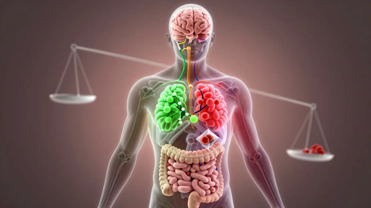 Transparente Körperdarstellung mit CBD-Molekülen, die das Endocannabinoid-System beeinflussen und Appetit sowie Zuckerkonsum anzeigen.