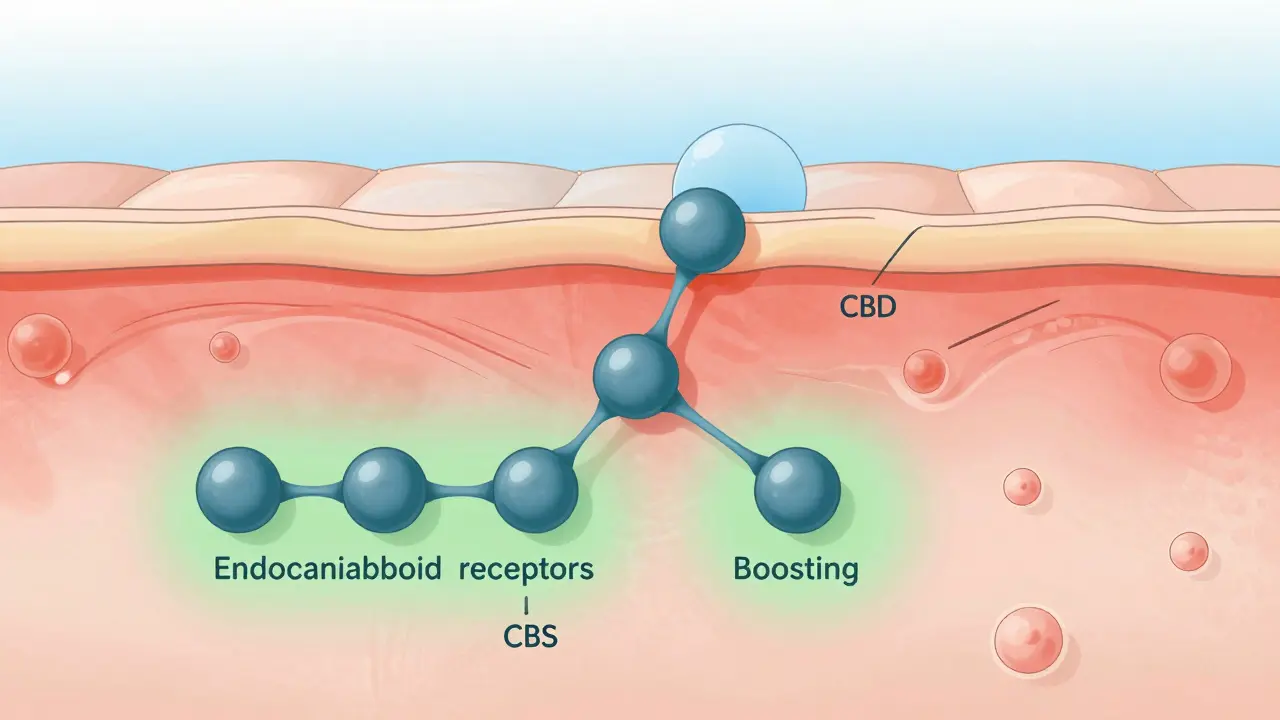 Wissenschaftliche Darstellung von CBD-Molekülen, die Hautentzündungen reduzieren.