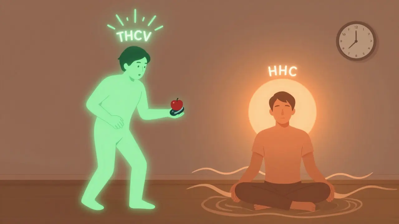 Zwei Figuren: eine energiegeladen mit THCV-Symbol, eine entspannt mit HHC-Symbol, unterschiedliche Lichtwirkungen.