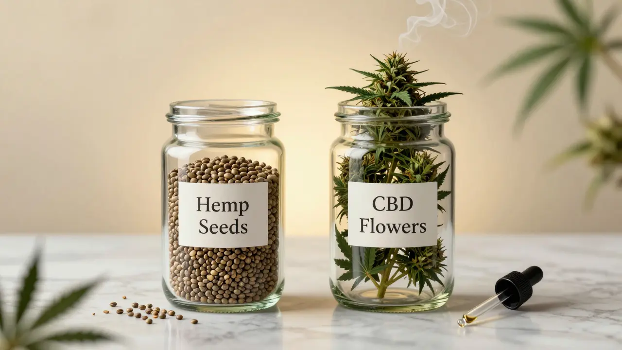 Zwei Gläser: eines mit Hanfsamen, eines mit CBD-reichen Blüten, daneben Tropfflasche.
