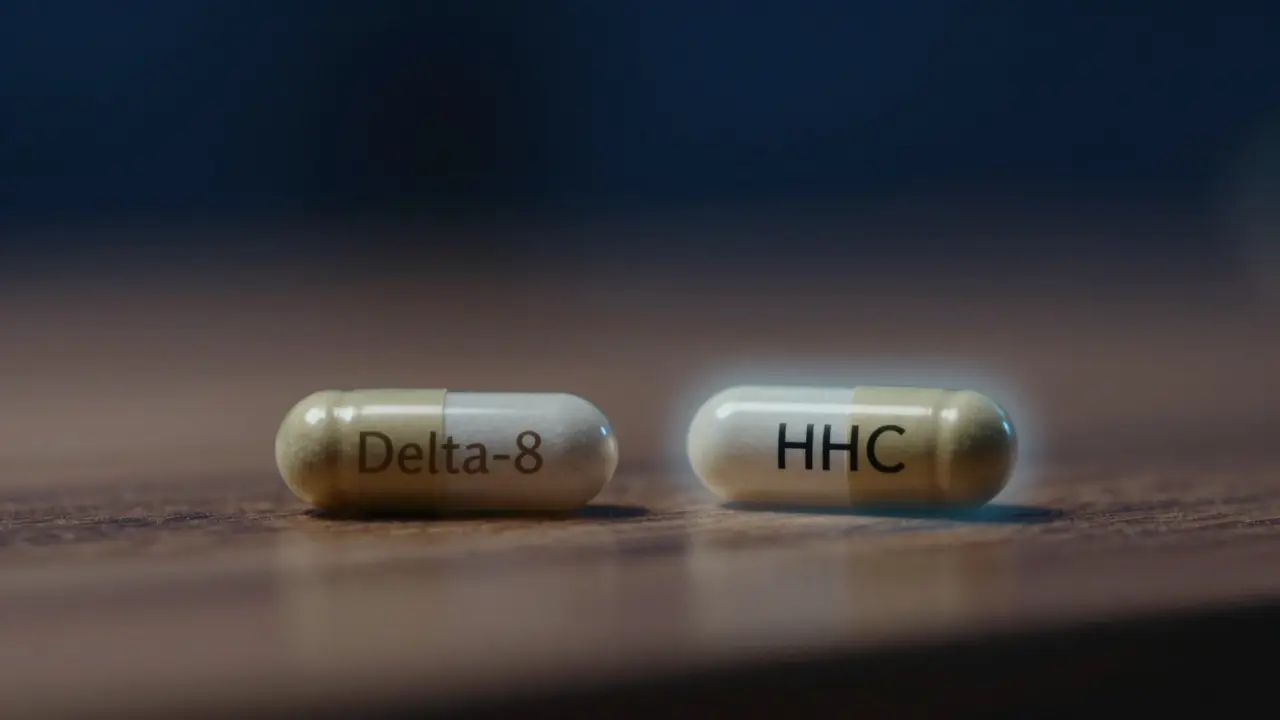 Zwei Kapseln mit Delta-8 und HHC auf Holzoberfläche, HHC strahlt leicht, dunkler Hintergrund.