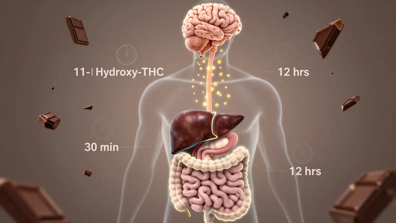 Abstrakte Darstellung der THC-Umwandlung in der Leber und Wirkung im Gehirn mit Zeitmarken.