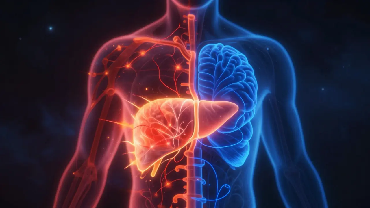 Abstrakte Darstellung eines Körpers mit energiereichen Strömen, die sich beim Schlafen beruhigen, in dunklem, sternenklarem Hintergrund.