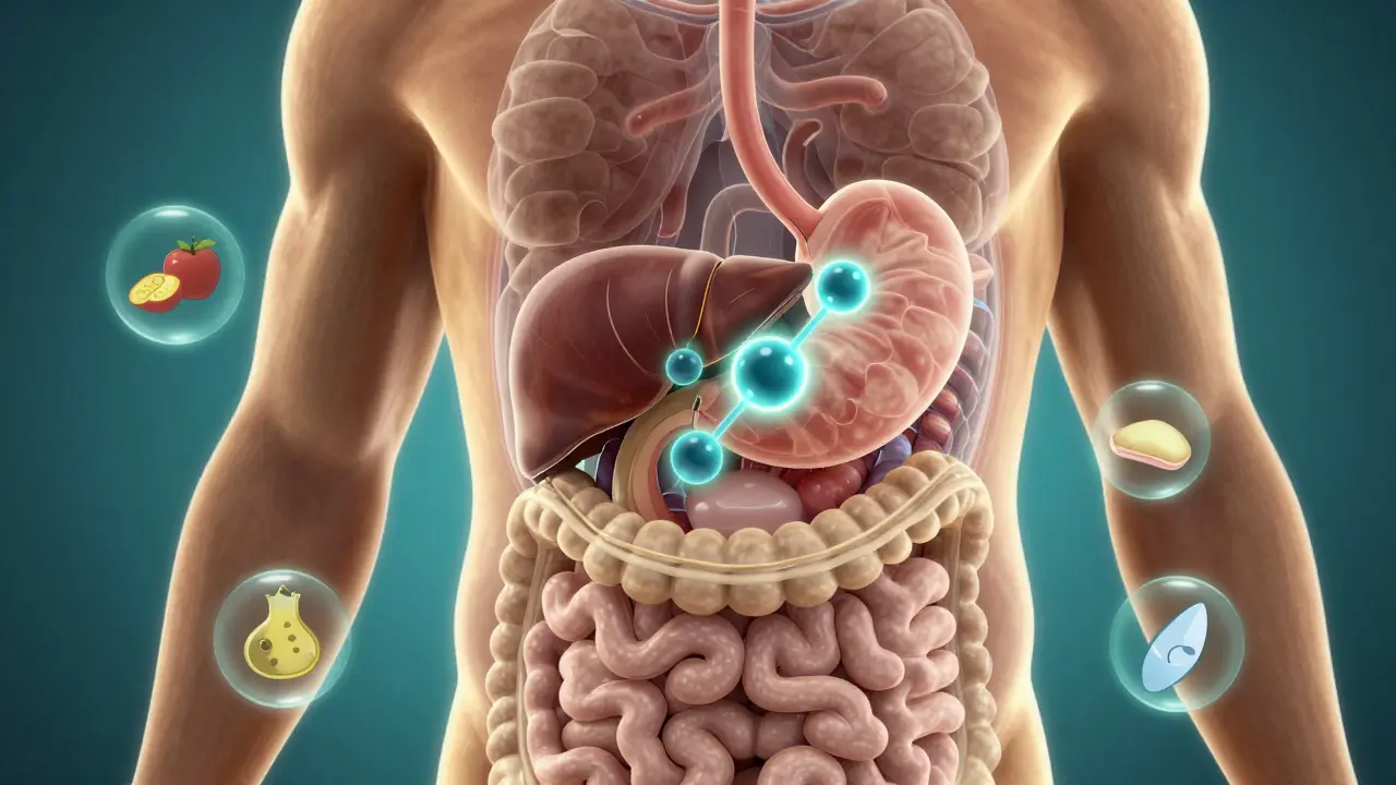 Animierte Darstellung des Verdauungswegs eines CBD-Moleküls durch Magen und Leber zum Blutkreislauf.