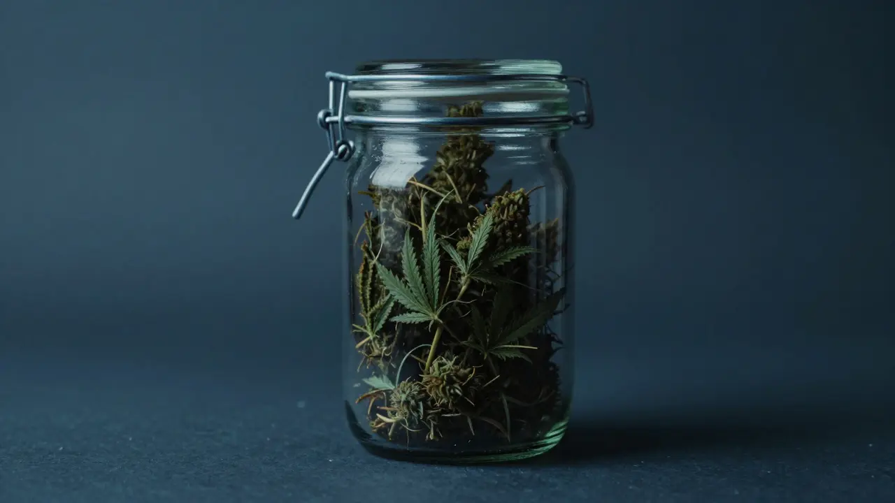 Cannabis in dunklem Glasgefäß für optimale Lagerung
