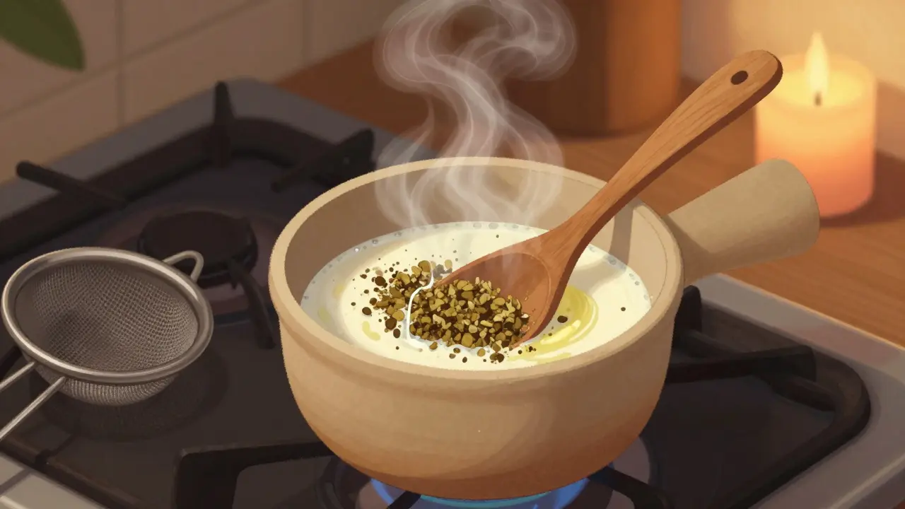 CBD-Blüten köcheln langsam in Milch mit Kokosöl, um einen Tee zuzubereiten.