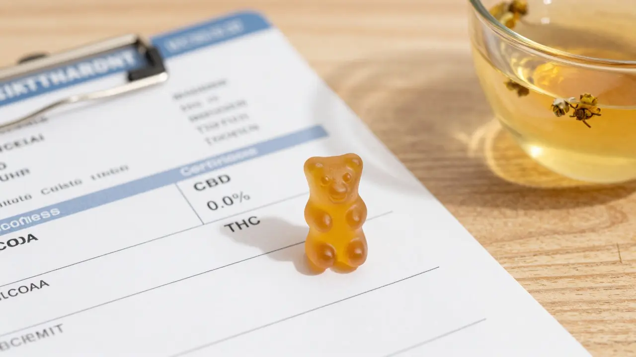 CBD-Gummibärchen neben einem Laborzertifikat mit 0,0 % THC und einer Flugkarte.