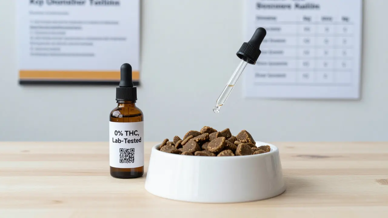 CBD-Öl wird mit klarem Dosierungsplan und labortestetem Etikett einem Hund verabreicht.