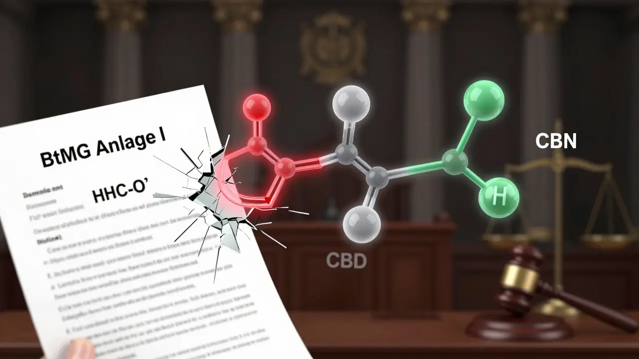 Chemische Struktur von HHC-O bricht auseinander, während legale Cannabinoide wie CBD intakt bleiben.