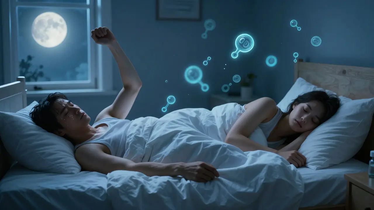 Derselbe Mensch: links unruhig im Schlaf, rechts tief und friedlich schlafend, symbolisiert besseren Schlaf durch CBD.