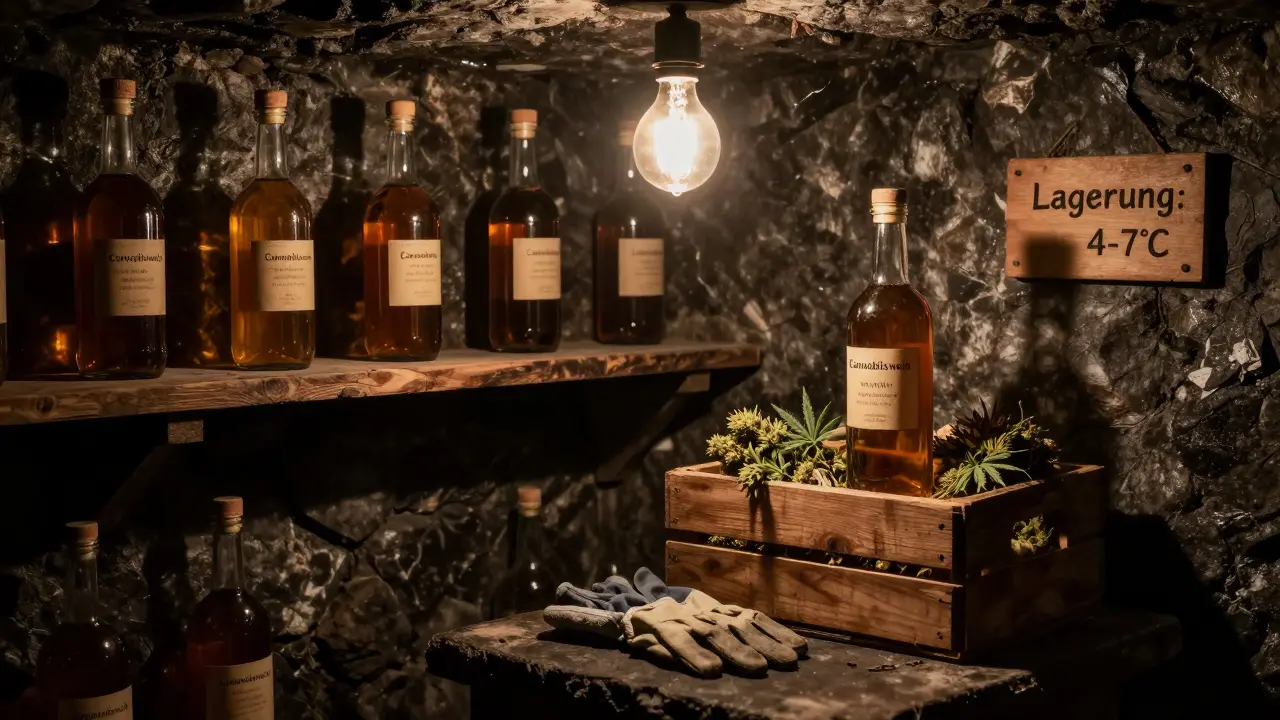 Dunkler Keller mit amberfarbenen Flaschen infundierten Alkohols auf Holzregalen