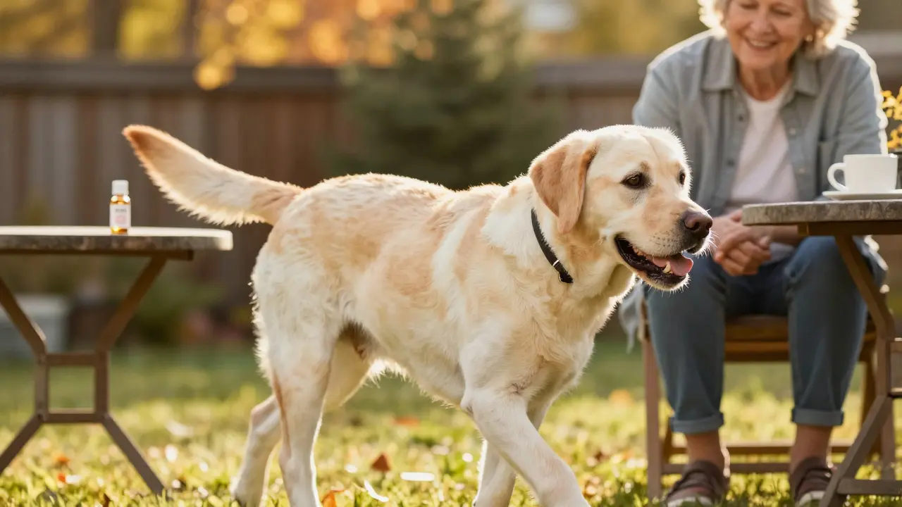 Ein 12-jähriger Labrador läuft frei im Garten, sichtlich beweglicher und fröhlich, mit einer CBD-Flasche im Hintergrund.