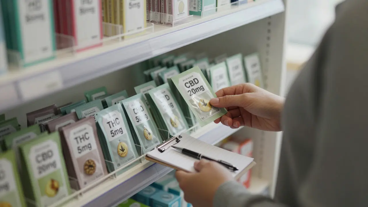 Ein Apothekenregal mit gekennzeichneten Cannabis-Kaugummis und einer Person, die eines in der Hand hält.