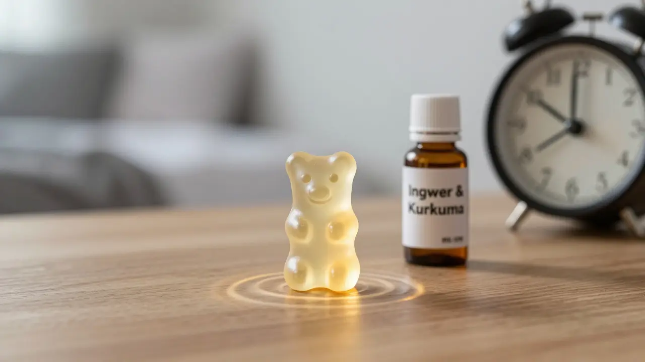 Ein HHC-Gummibärchen mit Ingwer-Kurkuma-Flasche, sanft golden beleuchtet, abends.