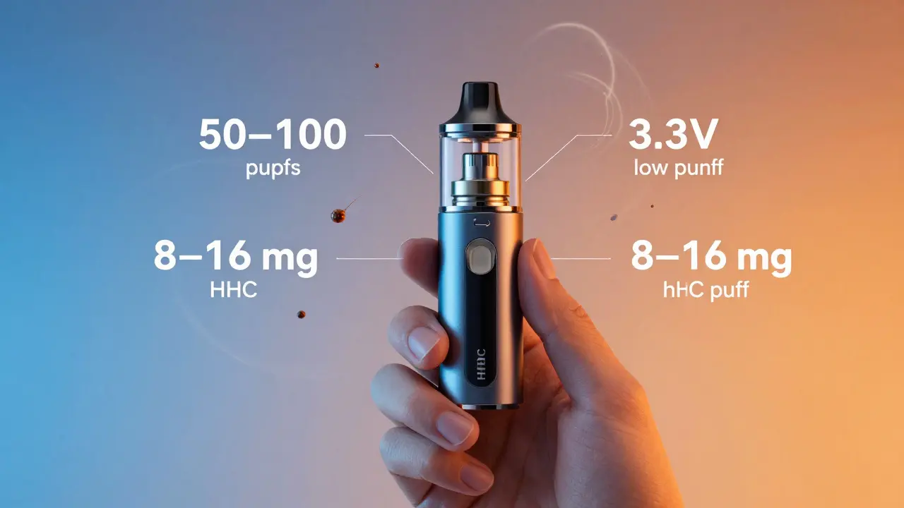 Ein HHC-Vape-Gerät mit keramischer Spule, die bei 3,3 V leuchtet, umgeben von Puff-Zahlen und Wirkstoff-Konzentrationen.