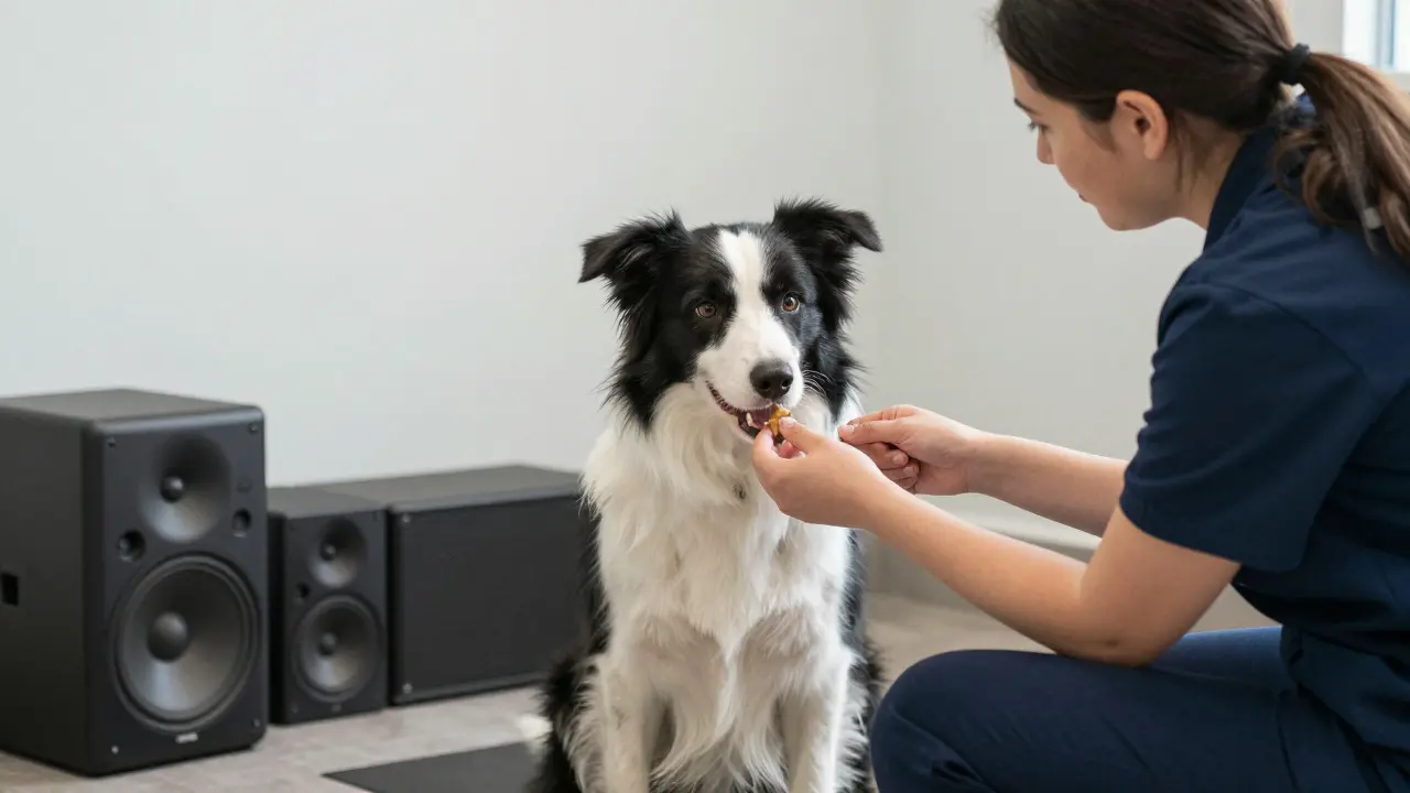 Ein Hundetrainer führt ein Training zur Desensibilisierung gegen Gewittergeräusche durch.