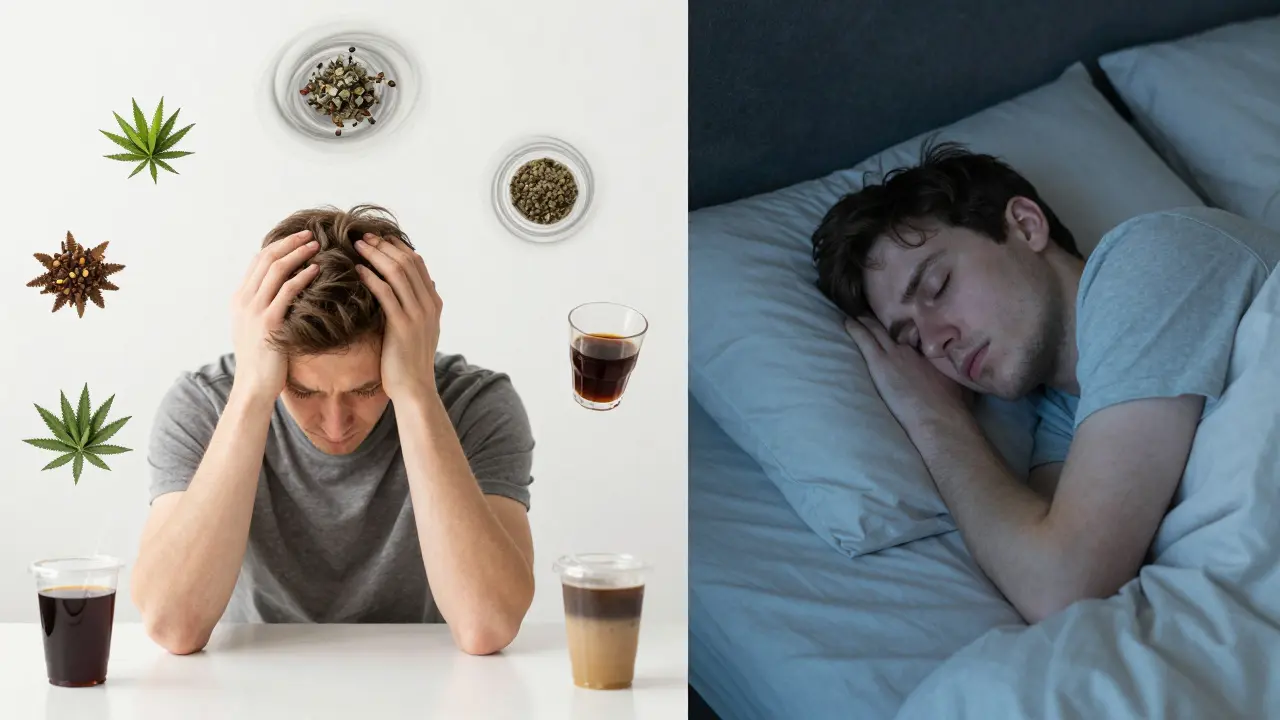 Ein Vergleich: Eine Person in Überlastung links, dieselbe Person ruhig schlafend rechts, symbolisiert die Erholung durch Schlaf.