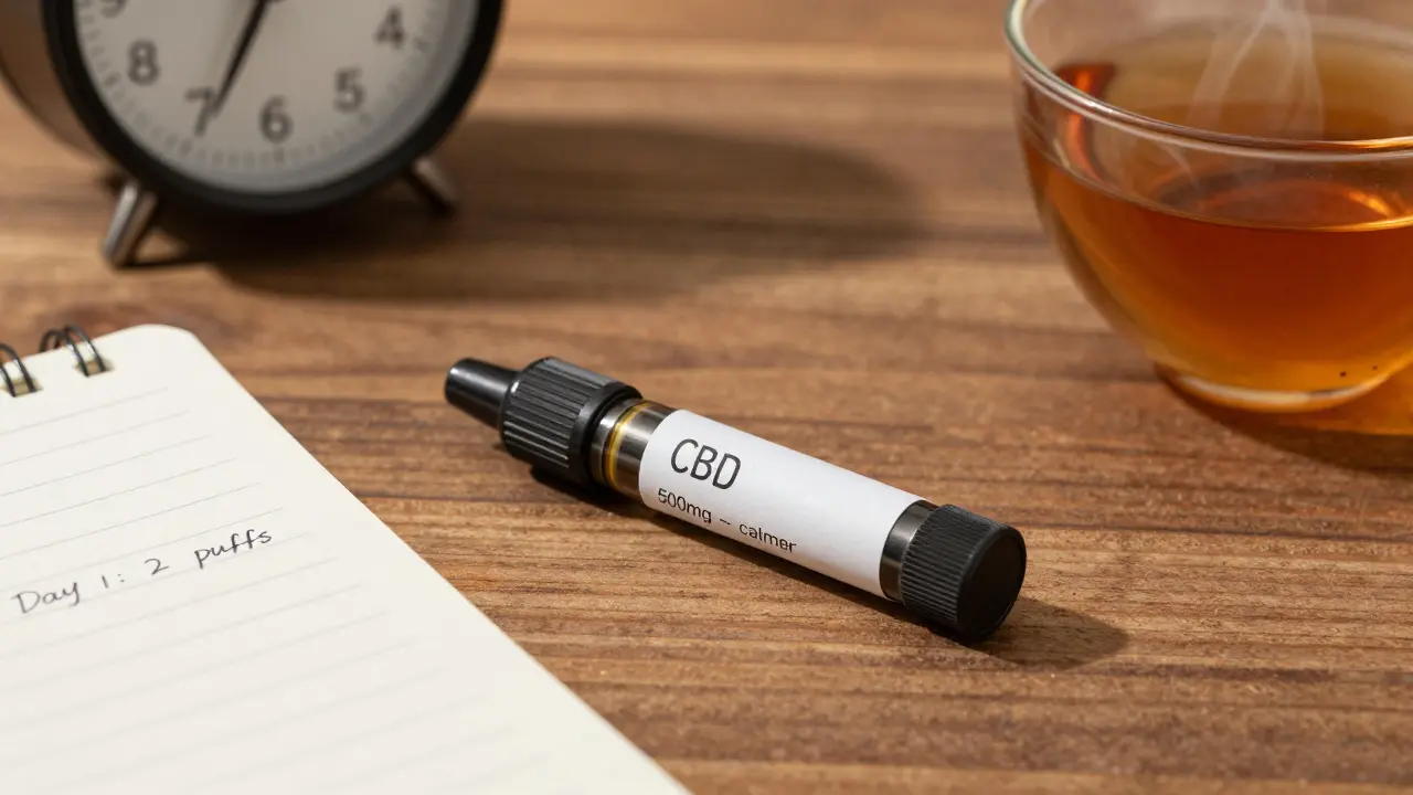 Eine CBD-Kartusche mit Etikett und Notizen zur Dosierung auf einem Holztisch.