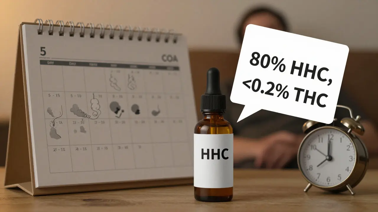Eine HHC-Flasche neben einem Kalender mit 5 Tagen und einer Laborzertifizierung, die Reinheit und Dosierung zeigt.
