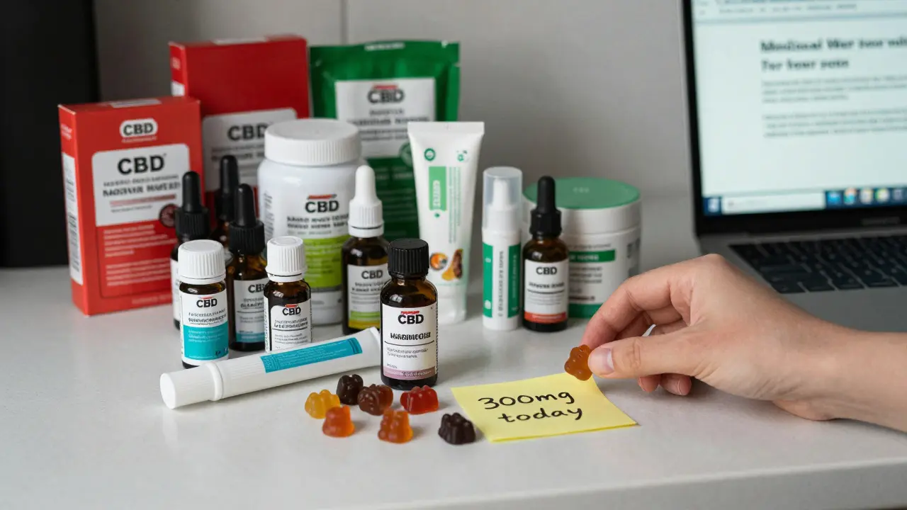 Eine Küchentheke mit vielen CBD-Produkten, eine Hand greift nach einem Gummibärchen, ein Warnhinweis ist sichtbar.