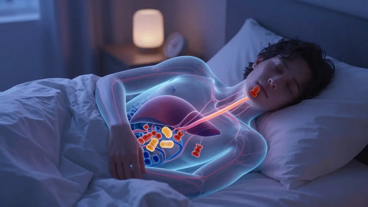 Eine Person schläft, ein CBD-Gummibärchen liegt auf ihrer Brust, ein sanftes Überlagerungsbild zeigt den Stoffwechsel.