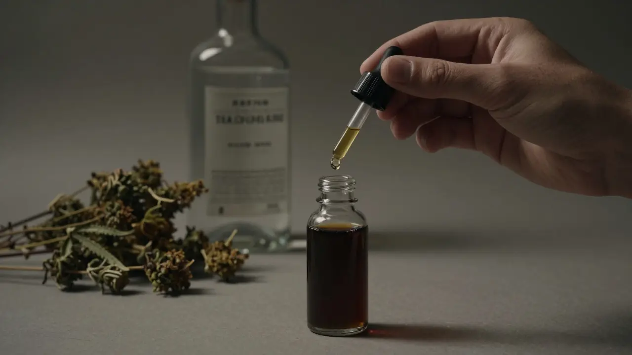 Eine Tinktur aus CBD-Blüten wird unter die Zunge geträufelt, in ruhiger Umgebung.