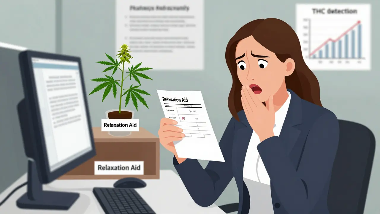 Frau in Büro mit positivem Drogentest, während CBD-Blüten auf einem Regal stehen.