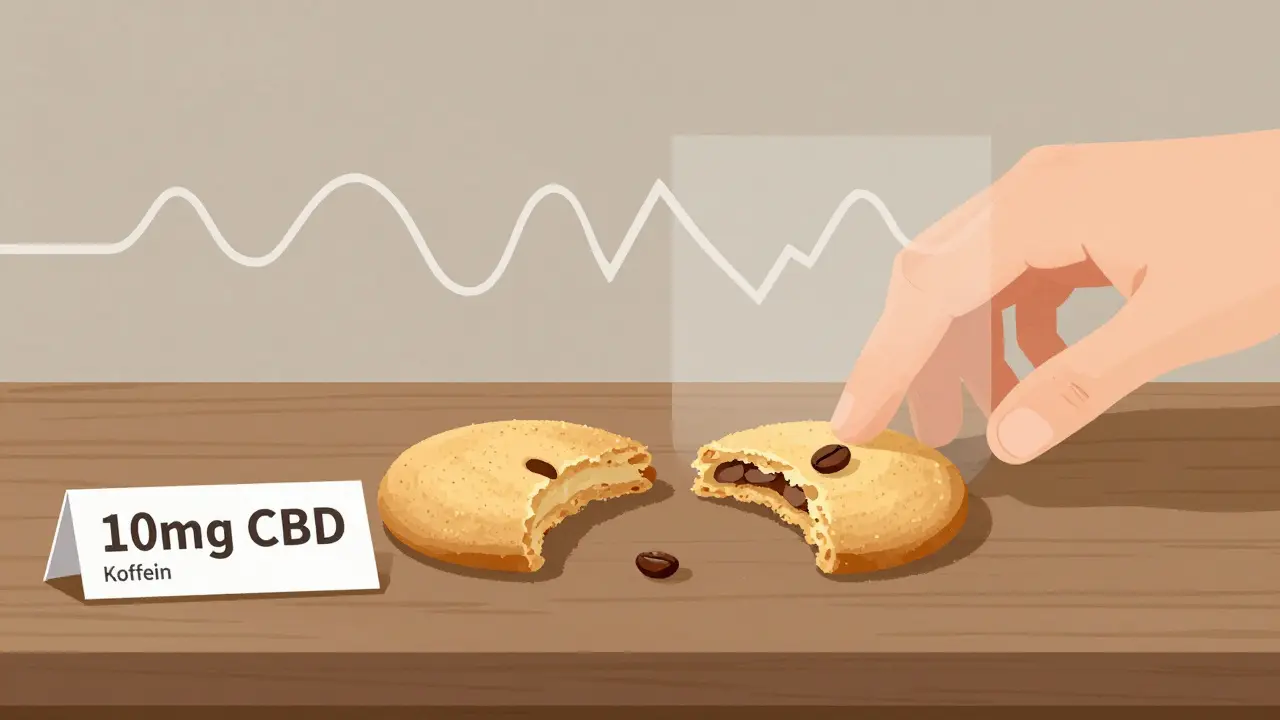 Geschnittener CBD-Cookie mit verstecktem Kaffeebohne, Label zeigt CBD und Koffein als unterschiedliche Inhaltsstoffe.