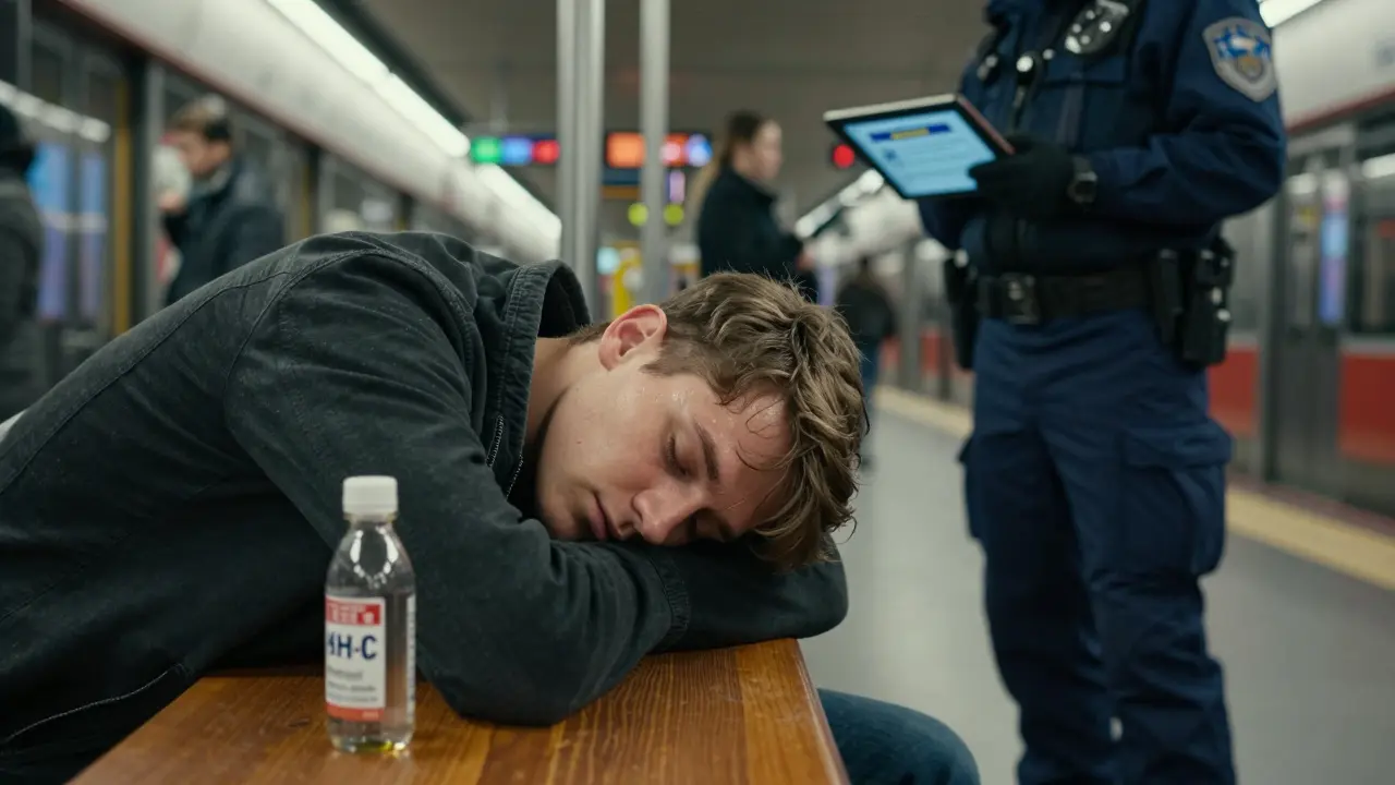 Junge Person in der U-Bahn bewusstlos, neben ihr eine leere HHC-O-Flasche, Polizei prüft ein Gerät.