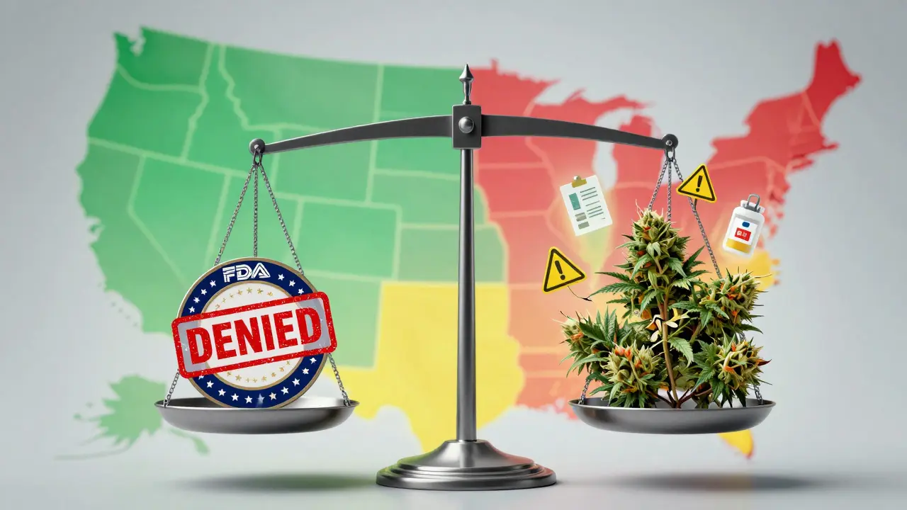 Juristische Waage mit FDA-Siegel und CBD-Blüten, symbolisiert rechtliche Unsicherheit.