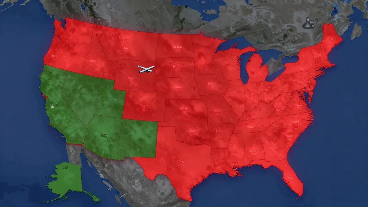 Karte der USA mit legalen und illegalen Bundesstaaten für Delta-8 und ein Flugzeug dazwischen.