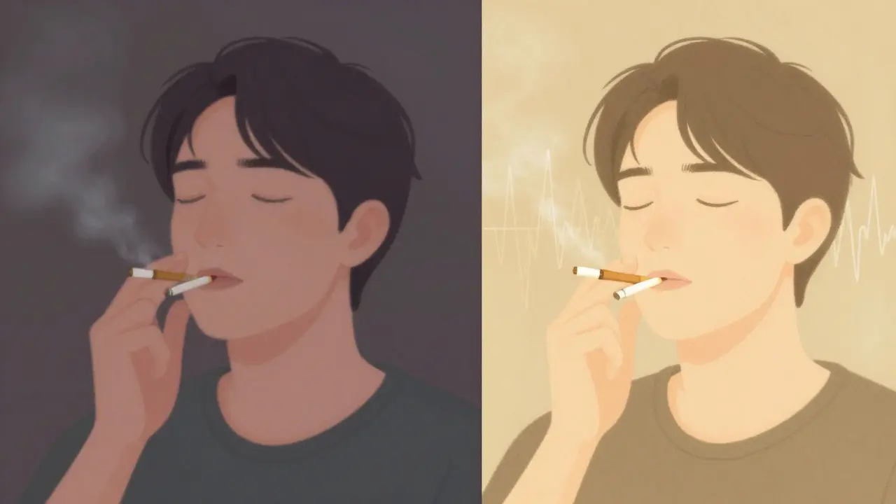 Kontrastierende Szenen: übermäßiger vs. maßvoller CBD-Gebrauch mit symbolischer Darstellung.