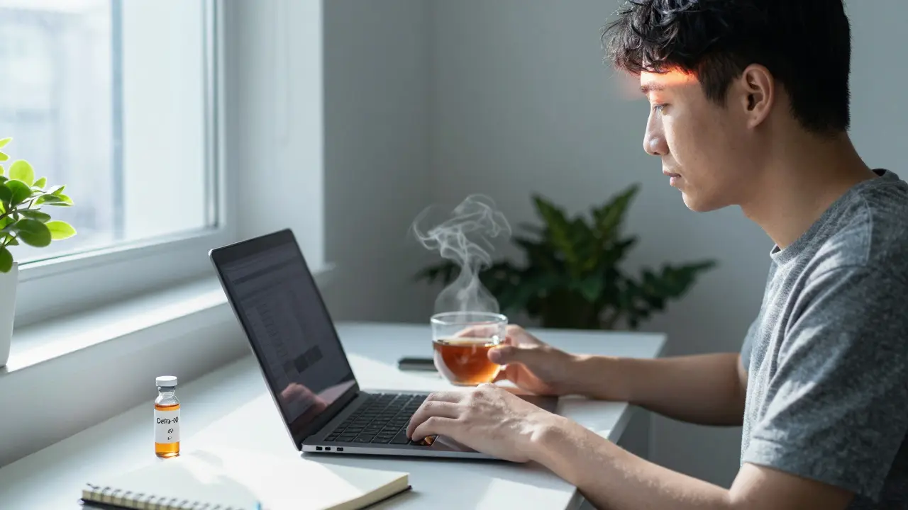 Mensch arbeitet am Schreibtisch mit Delta-10-Vial, klare Stimmung, Tageslicht, keine Betäubung.