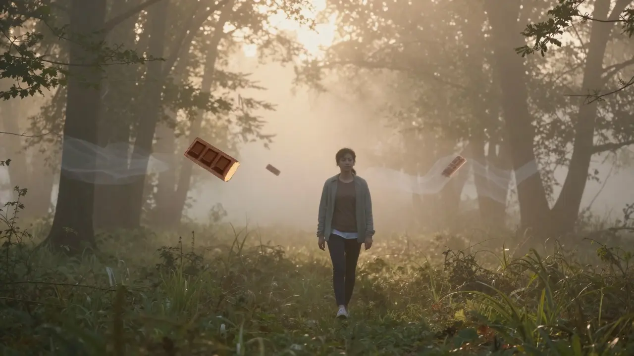Mensch läuft durch Nebelwald bei Sonnenaufgang, sanfte Nachwirkungen als durchscheinende Schokoladen-Schatten.