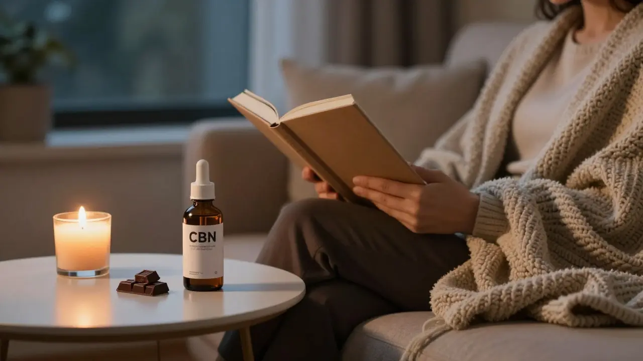 Mensch liest abends ein Buch, dunkle Schokolade liegt unberührt auf dem Tisch.