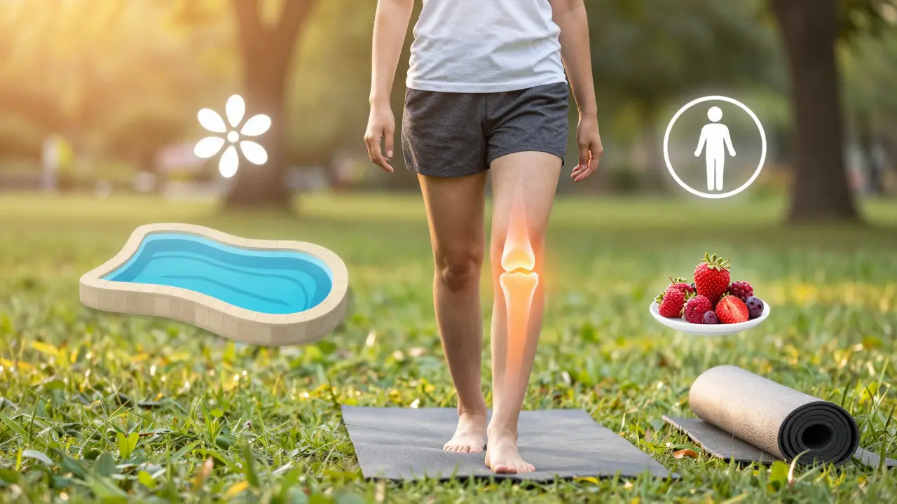 Menschen gehen im Park spazieren, überlagert mit Symbolen für entzündungshemmende Therapien.