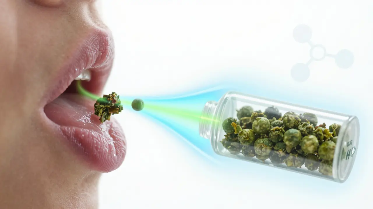 Nahaufnahme eines Cannabis-Kaugummis, der unter der Zunge aufgelöst wird, mit sanften Lichtstrahlen für die Aufnahme.