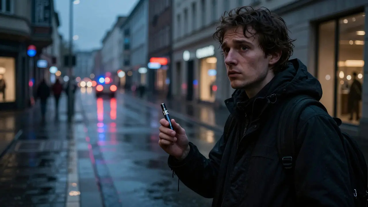 Person hält HHC-Pen auf einer dunklen Straße, Polizeilichter im Hintergrund, stimmungsvoller Abend.