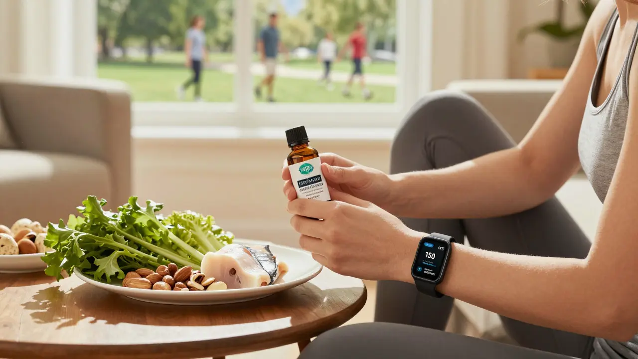 Person in einem sonnigen Wohnzimmer, hält CBD-Öl neben frischem Gemüse, Nüssen und Fisch, mit Fitness-Tracker und Blick auf einen Park.