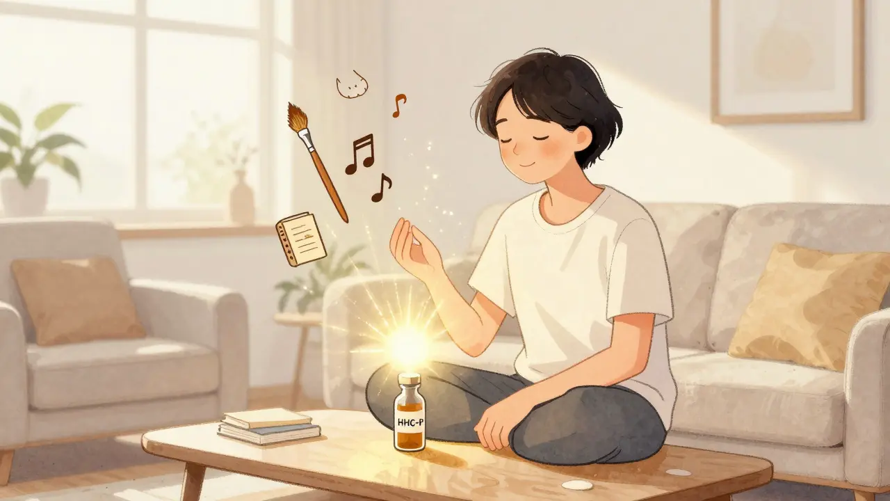 Person in einem sonnigen Wohnzimmer, ruhig und konzentriert, während sanfte kreative Symbole um sie schweben.