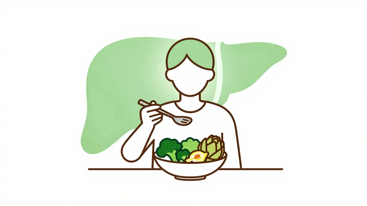 Person isst Brokkoli und Artischocken mit gesunder Leber im Hintergrund.