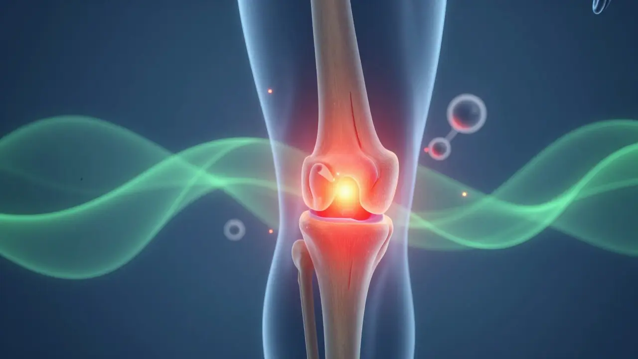 Schematische Darstellung eines entzündeten Knies, das von CBD-Wirkstoffen beruhigt wird.