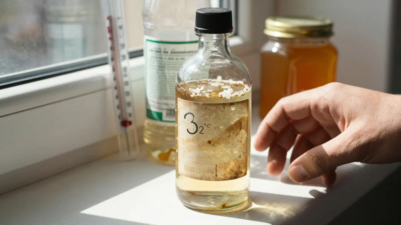 Verderbte Cannabis-Infusion auf sonniger Fensterbank mit trüber Flüssigkeit und Flocken