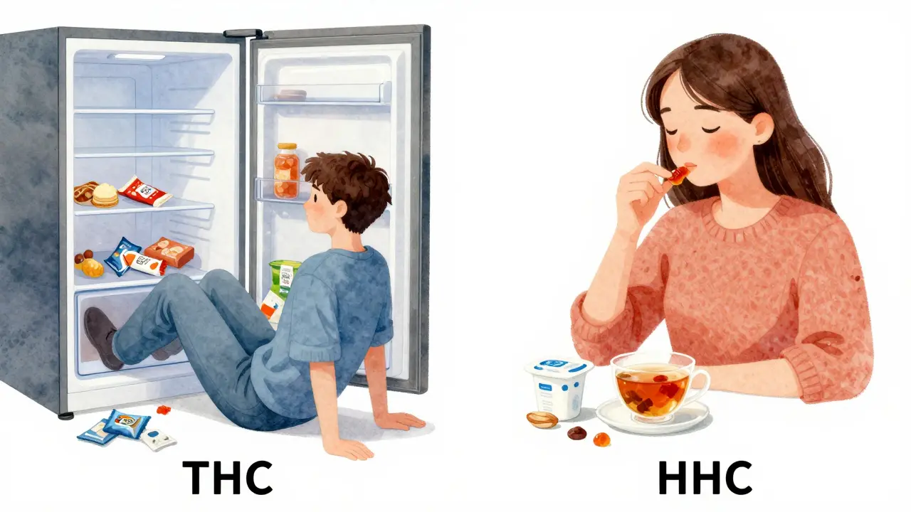 Vergleich: Chaos durch THC links, ruhiger Snack mit HHC rechts.