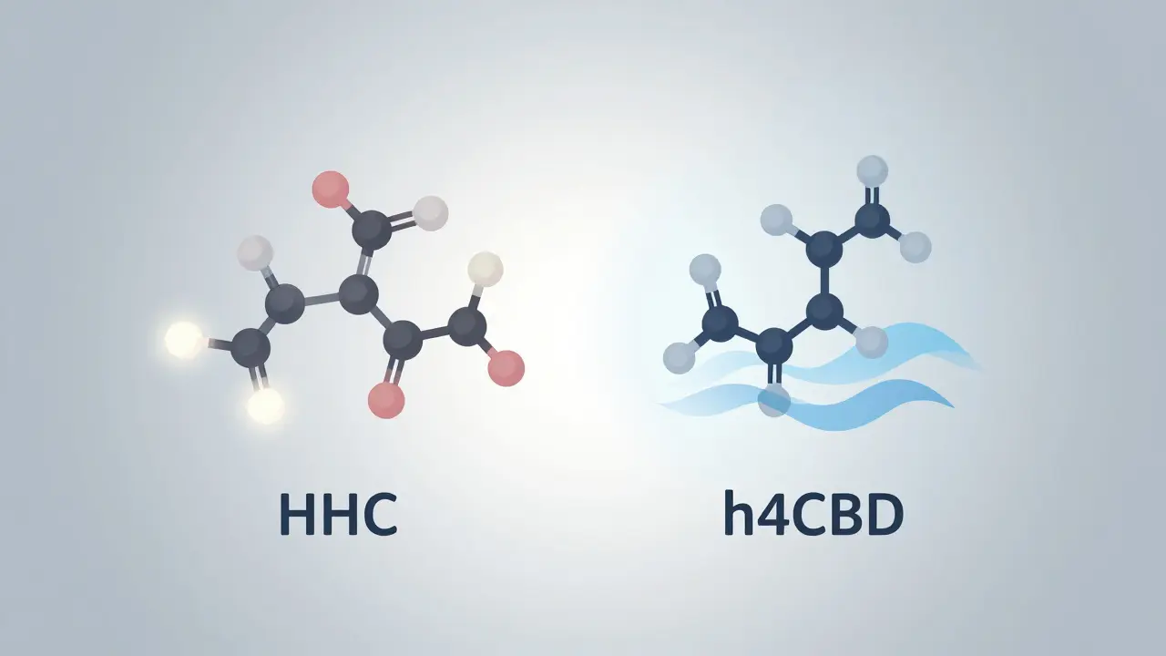 Vergleich der molekularen Strukturen von HHC und H4CBD mit sanften Lichteffekten
