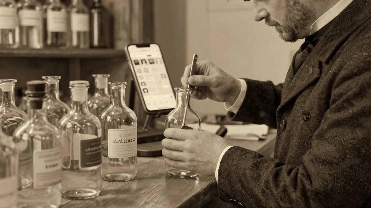 Vintager Apotheker mit Essigflaschen, modernes Smartphone im Hintergrund.