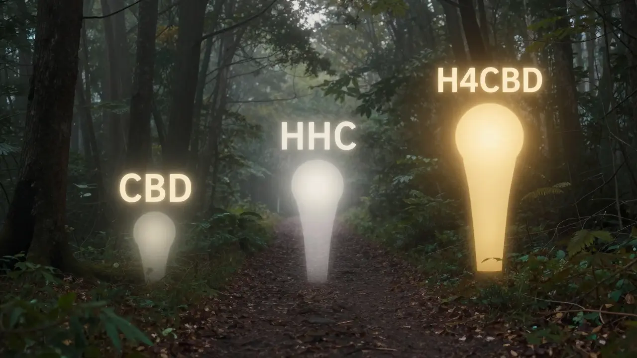 Weg durch einen Wald mit drei Markierungen, H4CBD als hell leuchtender Punkt